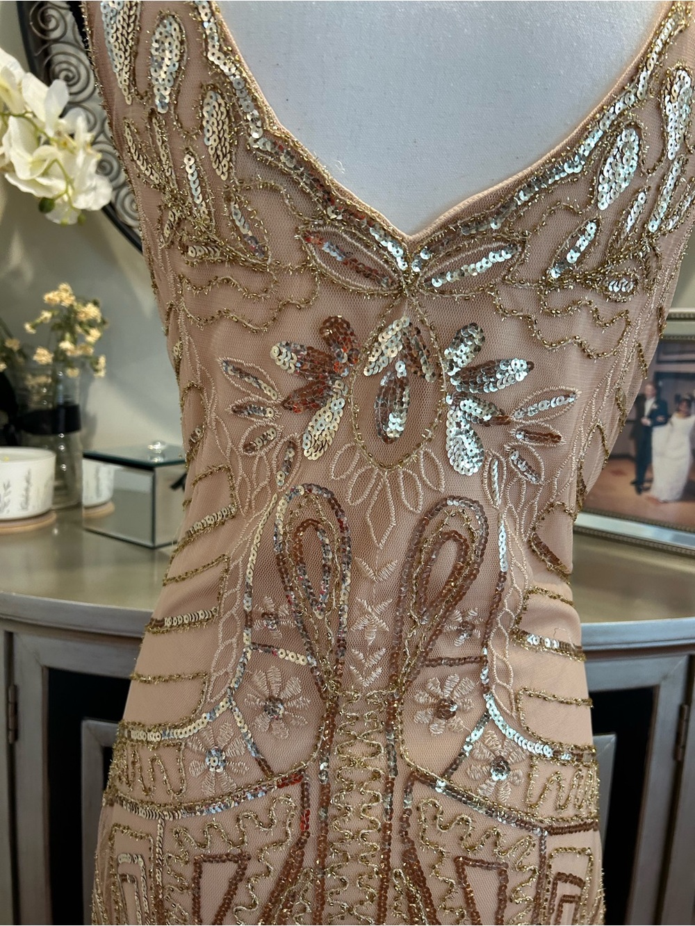 Vintage-Inspired Beaded Fringe Mini Dress in Blush Pink - Picture 10 of 14